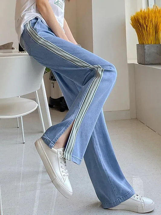 vmtvr Harajuku Striped Slit Wide Leg Denim Pants Women Summer Thin High Waist Baggy Jeans Fashion Lace Up Female Casual Trousers