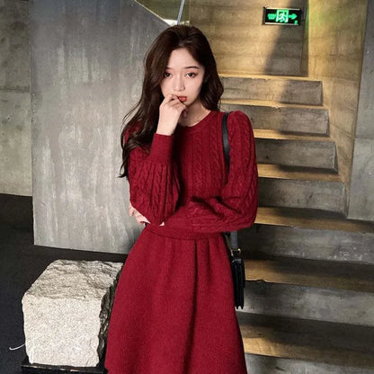 vmtvr Women Sweater Long Sleeve Dresses Autumn Winter Knitted Patchwork Slim O Neck Elegant Solid Color New Year Pullover Dresses