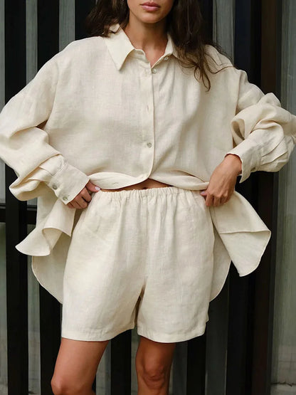 vmtvr Loose Cotton Linen Two Piece Short Sets Women Summer Suits Oversize Shirts And Shorts Set For Women 2024 Summer