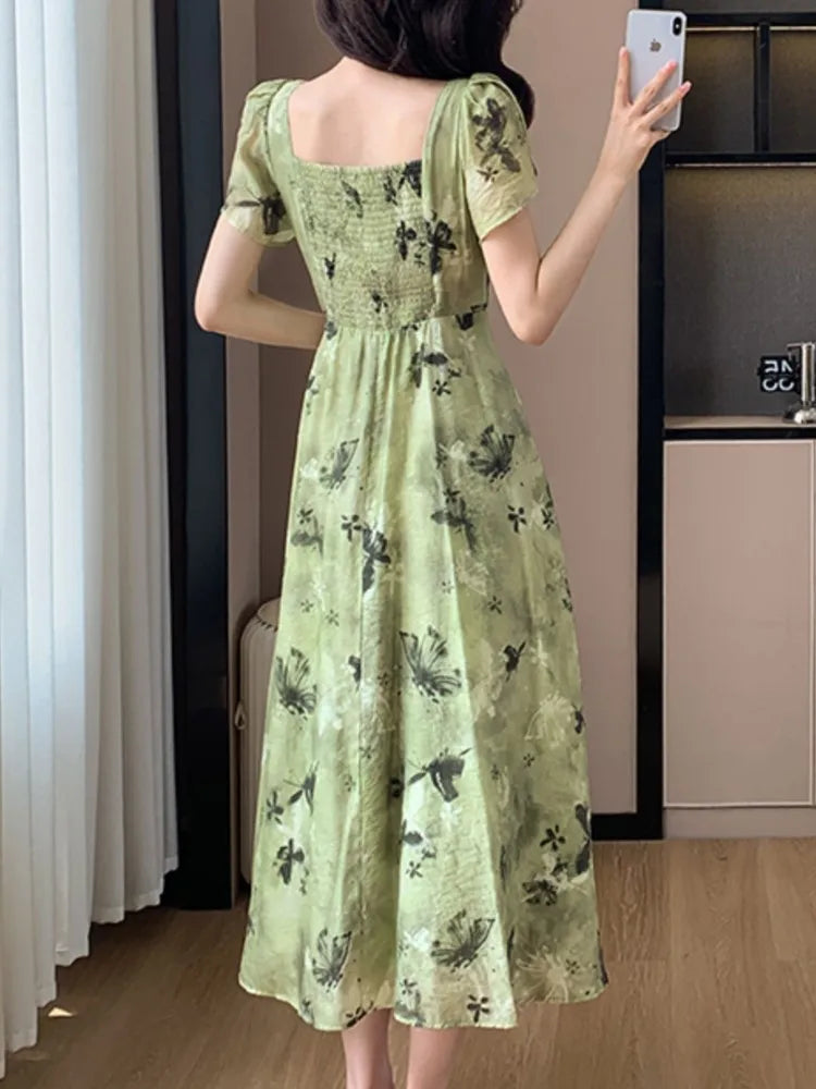 New Women Vintage Floral Print Midi Green Dress Elegant Chic A-Line Party Evening Clothes Female Fashion Casual Vestidos Robe