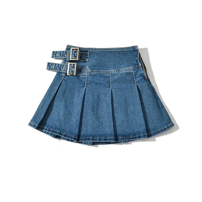 vmtvr Summer New TARUXY Denim Y2k Skirt with Pleats and Belt 90s E-girl Korean Skirts For Women High Street Jeans Short Bottom