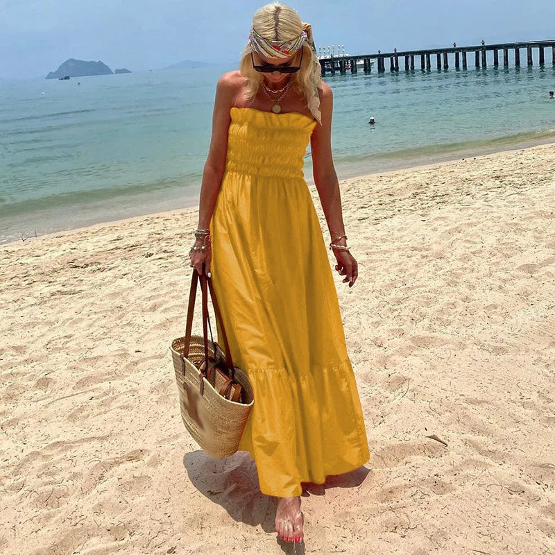 vmtvr Women Sexy Pleated Elastic Strapless Long Dress Vintage Summer Solid Slim A-Line Beach Dress Fashion Holiday Maxi Party Dresses