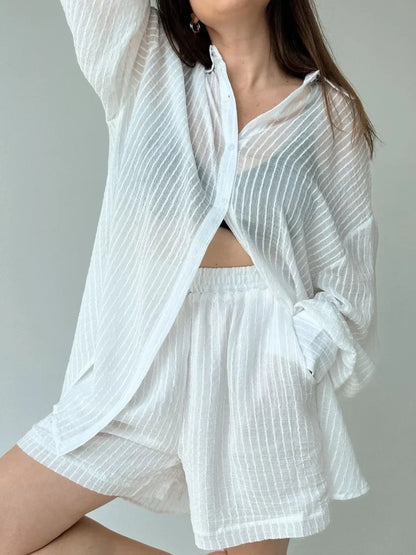 vmtvr Summer Stripe Holiday Women Suits 2 Pieces Elegant Jacquard White Shorts Set Elastic Waist Wide Shorts Casual Outfit