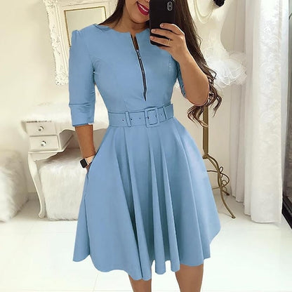 vmtvr - Elegant Women Solid Half Sleeve Party Dress Autumn Casual Zipper Knee-length Midi Dresses Ladies Big Swing Club Dress Vestidos