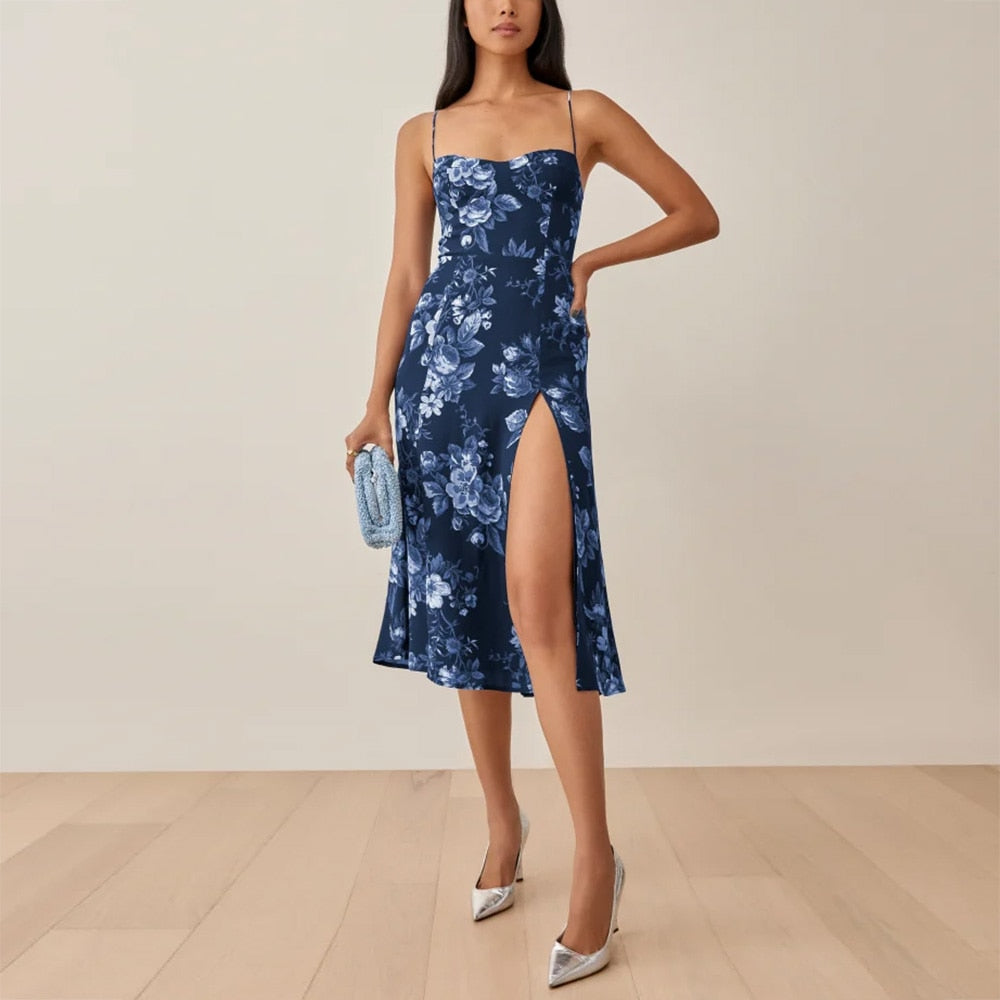 Summer Dresses For Women Elegant Vintage Floral Print Dress Sweetheart Neck Spaghetti Strap Midi Dress With Slit Sundress