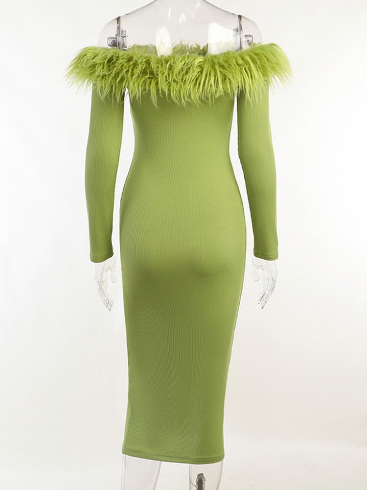 Slash Neck Off Shoulder Feather Long Sleeve Bodycon Autumn Dress Sexy Elegant Women's Midi Evening Wedding Party Dresses Green