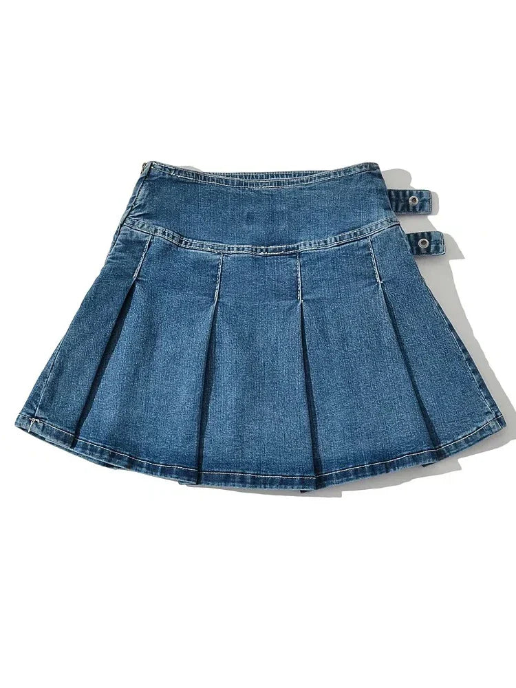 vmtvr Summer New TARUXY Denim Y2k Skirt with Pleats and Belt 90s E-girl Korean Skirts For Women High Street Jeans Short Bottom