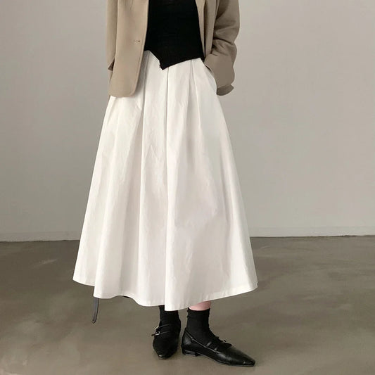 vmtvr Elegant Women White Long Pocket Skirts For Female Casual Loose A-Line High Elastic Waist Midi Skirt 2024 Spring Summer L986