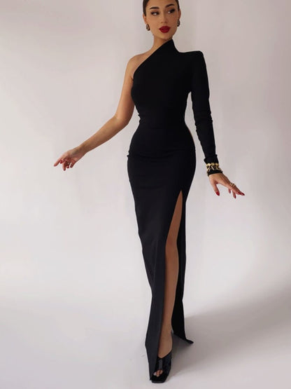 vmtvr - Black Maxi Long Party Dress High Fashion Sheath Slim One Shoulder Design Long Dress Evening Wear New Arrival