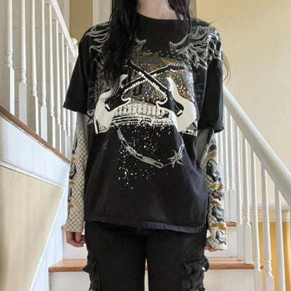 -Fall Outfits Long Sleeve Top -Vintage Graphic Print Patchwork Long Sleeve Tees Harajuku Fake Two-Piece T-Shirts Korean Gothic Grunge Loose Tops Streetwear