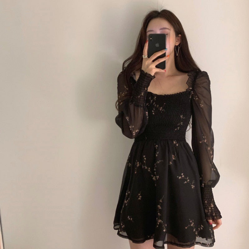 vmtvr - Korean Vintage Flower Black Dress Women Long Puff Sleeve Chiffon Spring Dresses Casual Mini Dress Vestidos Mujer Clothes