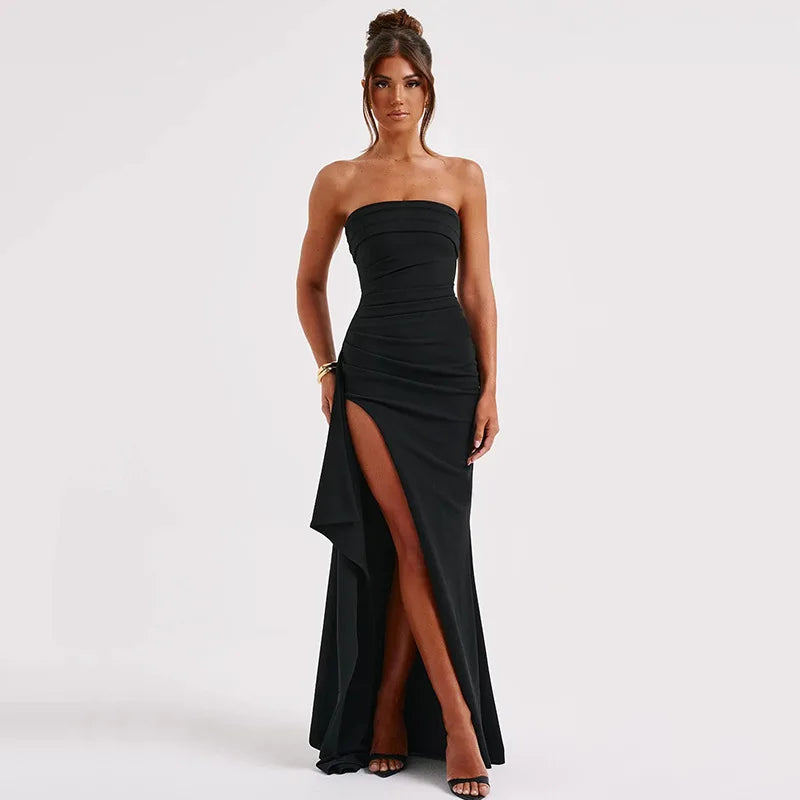 Off Shoulder Elegant High Rise Split Maxi Dress Club Outfits for Women Sexy Strapless Evening Dresses Ruched Gown