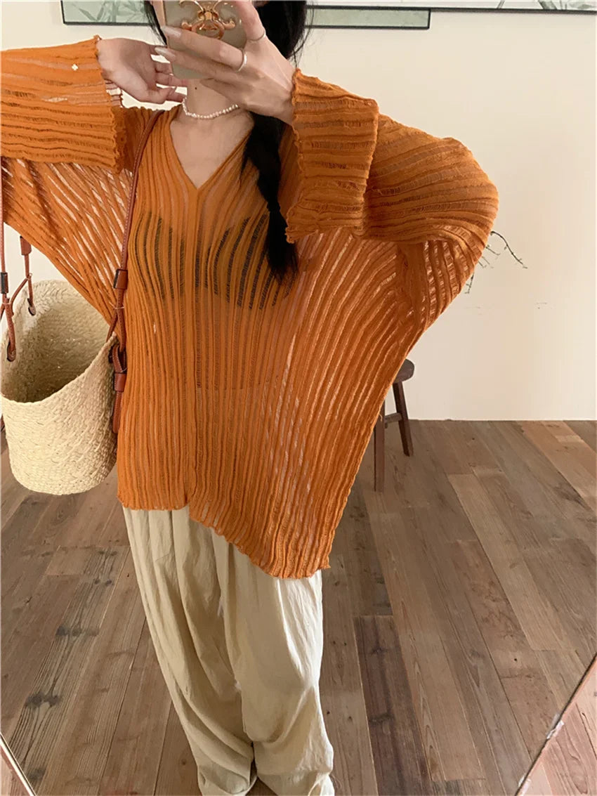 vmtvr Chic Thin Women Sweaters OL Knitted Sunscreen Loose V-Neck Casual Full Sleeve Summer Pullovers All Match