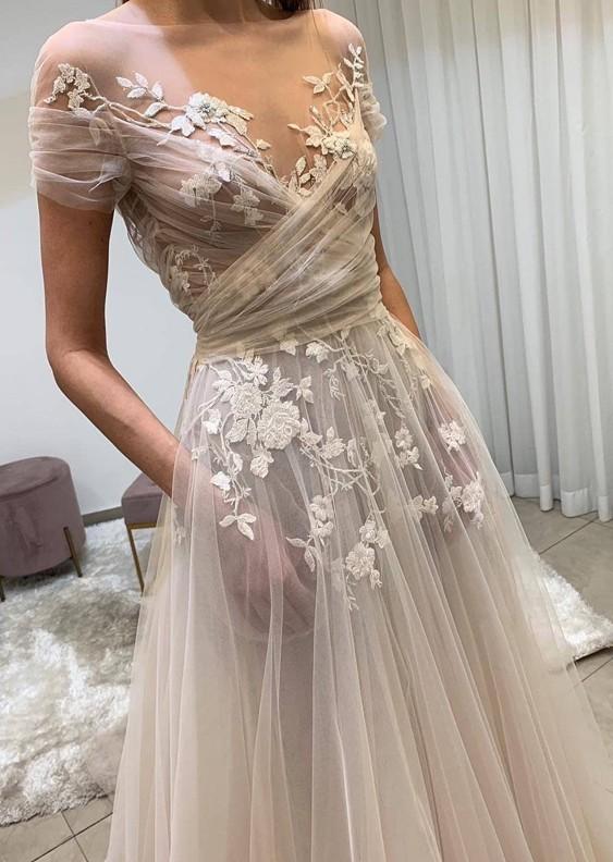 vmtvr - Elegant Long A Line Champagne Wedding Dresses Applique Organza Scoop Neck Short Sleeves Cut Off Open Back Custom Made