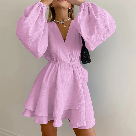 vmtvr Elegant V-neck Hight Waist A-Line Dress Spring Women Casual Lantern Long Sleeve Solid Mini Dress Fall Fashion Draped Party Dress