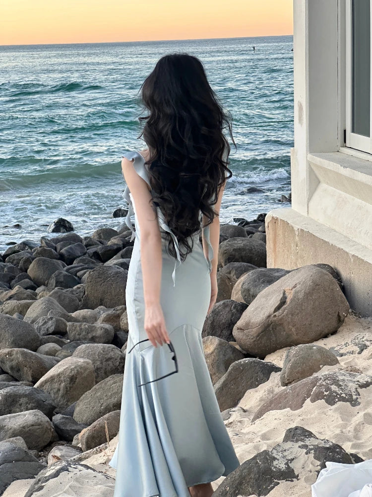 vmtvr French Elegant Sleeveless Midi Dress Office Lady Summer Slim Bodycon Pure Color Dress Party Fashion Strap Dress Woman Chic