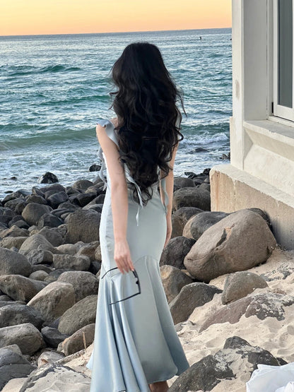 vmtvr French Elegant Sleeveless Midi Dress Office Lady Summer Slim Bodycon Pure Color Dress Party Fashion Strap Dress Woman Chic