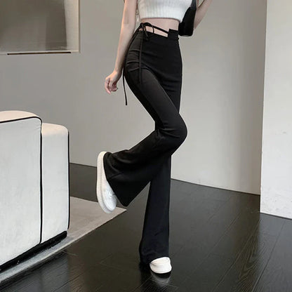 vmtvr Y2K High Waist Flared Pants Women Summer Fashion Lace Up Bodycon Pants Korean Streetwear All Match Female Black Trousers