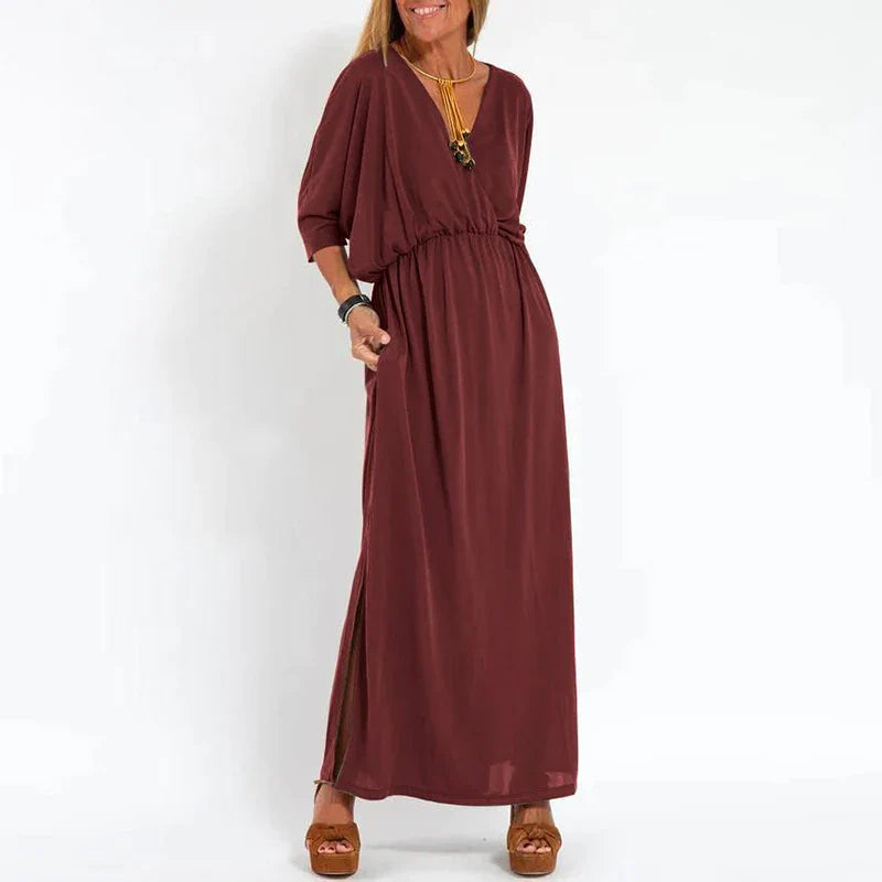 vmtvr Spring Summer Lady Casual Long Dress Sexy V-neck Side Split Solid Party Dress Elegant Half Sleeve Elastic Waist Pleat Maxi Dress