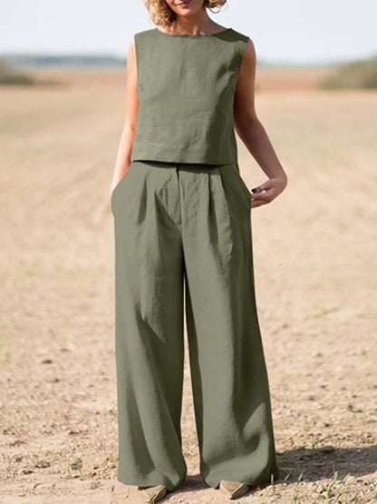vmtvr Solid Cotton Linen Outfits Women Casual O Neck Sleeveless Pullover Blouse and Straight Pants Suits Summer Casual Loose 2Pc Sets