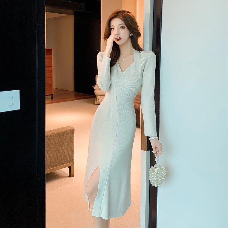 vmtvr Vintage Knitted Dress Autumn Winter Female V-Neck Party Night Pullover Sweater Dress Sexy Slim Split Long Dresses For Women