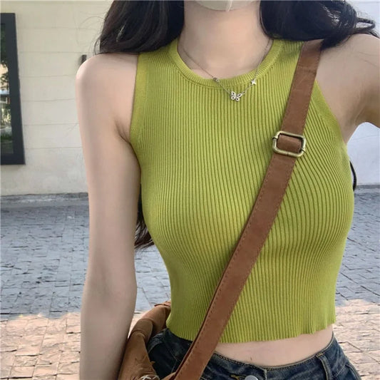 vmtvr Slim Navel Short Knit Vest Summer Slim Small Camisole Bottom Sleeveless Tops Women Sexy