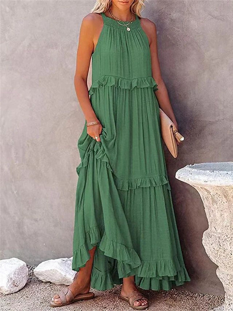 Summer Loose Long Dress Women Casual Elegant Ruffle Halter Sleeveless Female Party Outfits Beach Maxi Dresses Green Tie-Up Robe