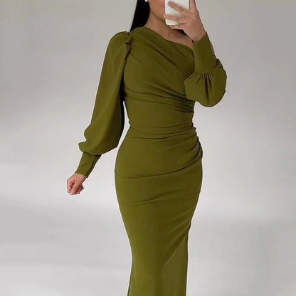 Women Maxi Dress Casual Solid Long Lantern Sleeve Inclined Shoulder Nipped Waist Slim Party Evening Dresses Streetwear