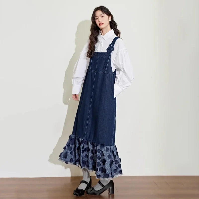 vmtvr Vintage Patchwork Denim Mermaid Dress Women Korean Style Elegant Spaghetti Strap Long Dress Summer Casual Loose Suspender Dress