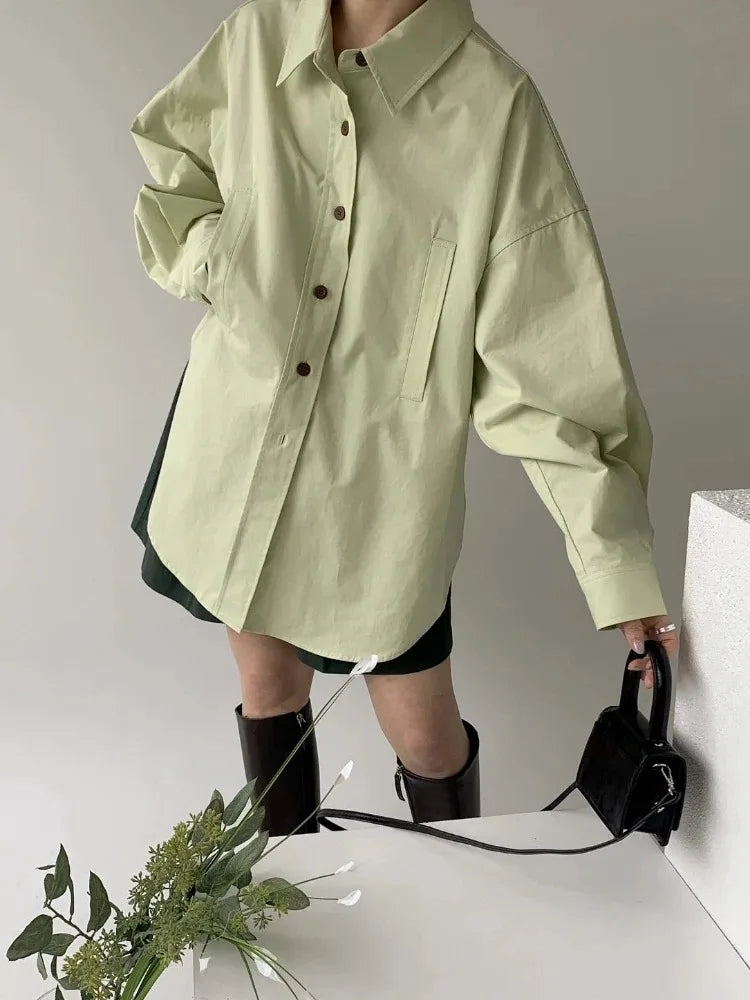 vmtvr Loose Shirts Women Light Green Casual Long Sleeves Shirt Female 2024 Spring Summer 100% Cotton Pocket Single Breasted Tops Lady