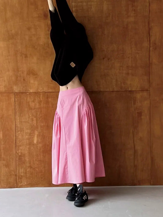 vmtvr Pleated Design High Waist Skirt For Women Solid Color A-line Office Lady Loose Skirts Summer New
