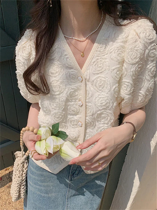 vmtvr Summer Shirts Flowers Gentle Short Sleeve OL All Match Office Lady Slim V-Neck Embroidery Blusas Chic New