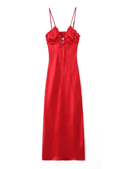 vmtvr  -  Ruffles Tie Up Satin Dress Women Elegant Maxi Long Summer Party Dress Spaghetti Strap Red Sexy Sundress Vestidos