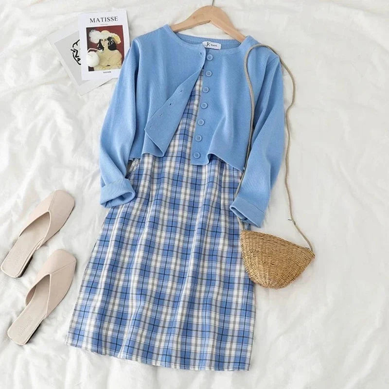 Summer New Matching Sets Sweet Slim Plaid Slip + Solid color long sleeve Cardigan Prairie Chic A-line Two-piece Dress Suits