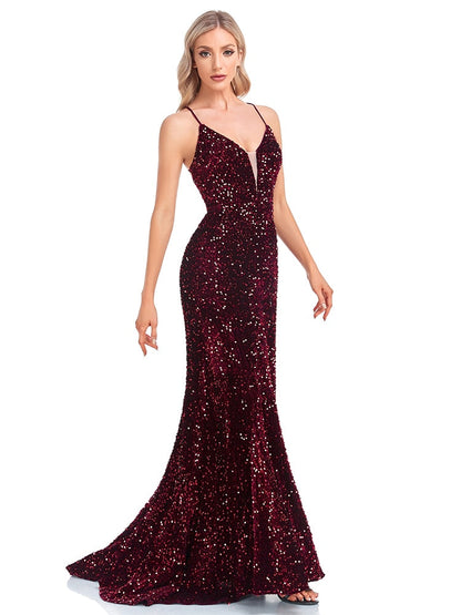 vmtvr - Deep V Neck Burgundy Sequin Evening Dress Sexy Suspenders Party Maxi Dress Mermaid Long Prom Dresses For Women