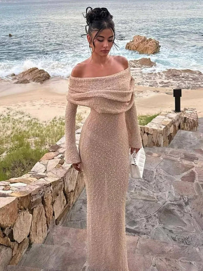 vmtvr  - Apricot Hollow Out Beach Dress Women Sexy See Through Slim Party Dress Summer Fashion Solid Off The Shoulder Holiday Dress