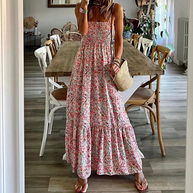 vmtvr Bohemian Floral Print Pleats Women's Dress Sexy Slash Neck Strap Long Dress Fashion Summer Sleeveless High Waist Beach Dresses