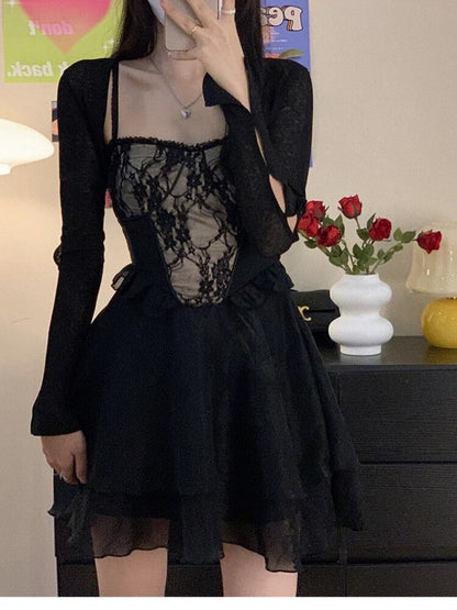 Summer Black Chic Dress Women Lace Patchwork Sexy Party Mini Dresses Female Designer Korean Fashion Fluffy Elegant Dresses 2023