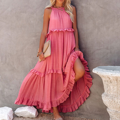 Summer Solid Color Ruffled Maxi Dress Layered Boho Floor Length Dress Irregular Sleeveless Holiday Vestidos Femme Halter Dress