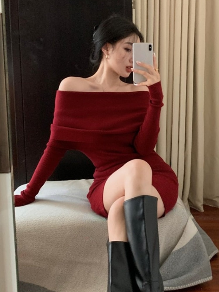 Red Winter Vintage Knitted Dress Women Sexy Bodycon Elegant Party Mini Dress Female Off Shoulder Chic Korean Fashion Dress 2023