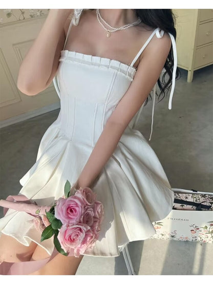 Summer 2023 Women Cotton White Sling Mini Dress Sexy Sleeveless Ladies Slim Waist Swing Party Skater Bridesmaid Robe