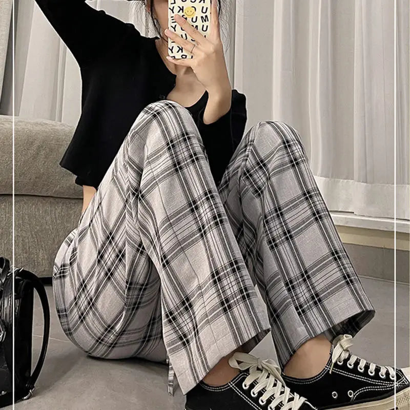 vmtvr Koreon Harajuku Casual Women Plaid Pants Spring Summer Thin Elastic High Waist Streetwear Fashion Loose Sports Straight Trousers