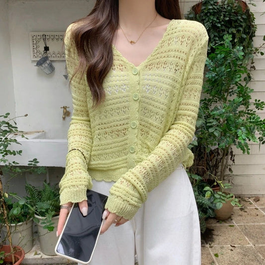 vmtvr Long Sleeve T Shirt Women's Summer Thin Section Hollow Ice Silk Knitted Cardigan Lace Button Korean Loose Top Striped Sexy Soft
