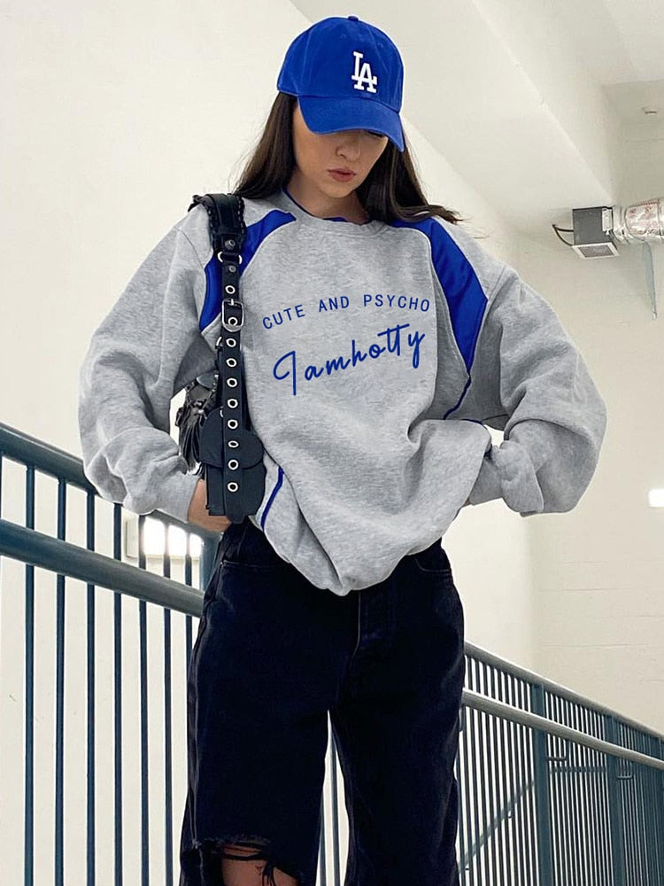 Casual Loose Letter Print Grey Autumn Sweatshirts Women Patchwork Contrast Preppy Pullover Korean O Neck Hoodies Cute