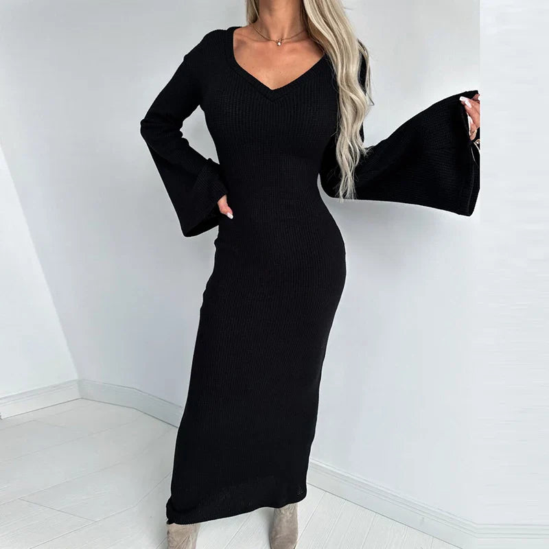 vmtvr Autumn Casual Solid Rib Knitted Long Dress Women Elegant V-neck Slim Bodycon Maxi Dress Winter Flare Long Sleeve Boho Lady Dress