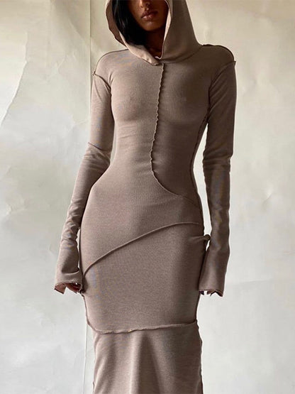 vmtvr - Long Sleeve Hooded Dress Maxi Women Vintage Ruffles Elegant Dresses Khaki Split Reverse Side