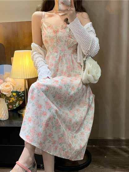 - French Floral Strap Midi Dress Women Vintage Elegant 2 Piece Dress Set Fashion Suits Casual Blouse Korean Clothing  Summer