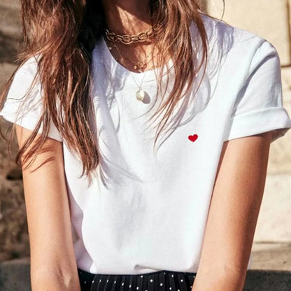 -Retro sports style outfit streetwear 90s fashion Red Heart Embroidered Summer Short Sleeve Casual Chic T Shirts Women Loose Cotton Tops Tees  New Cute Elegant Shirts