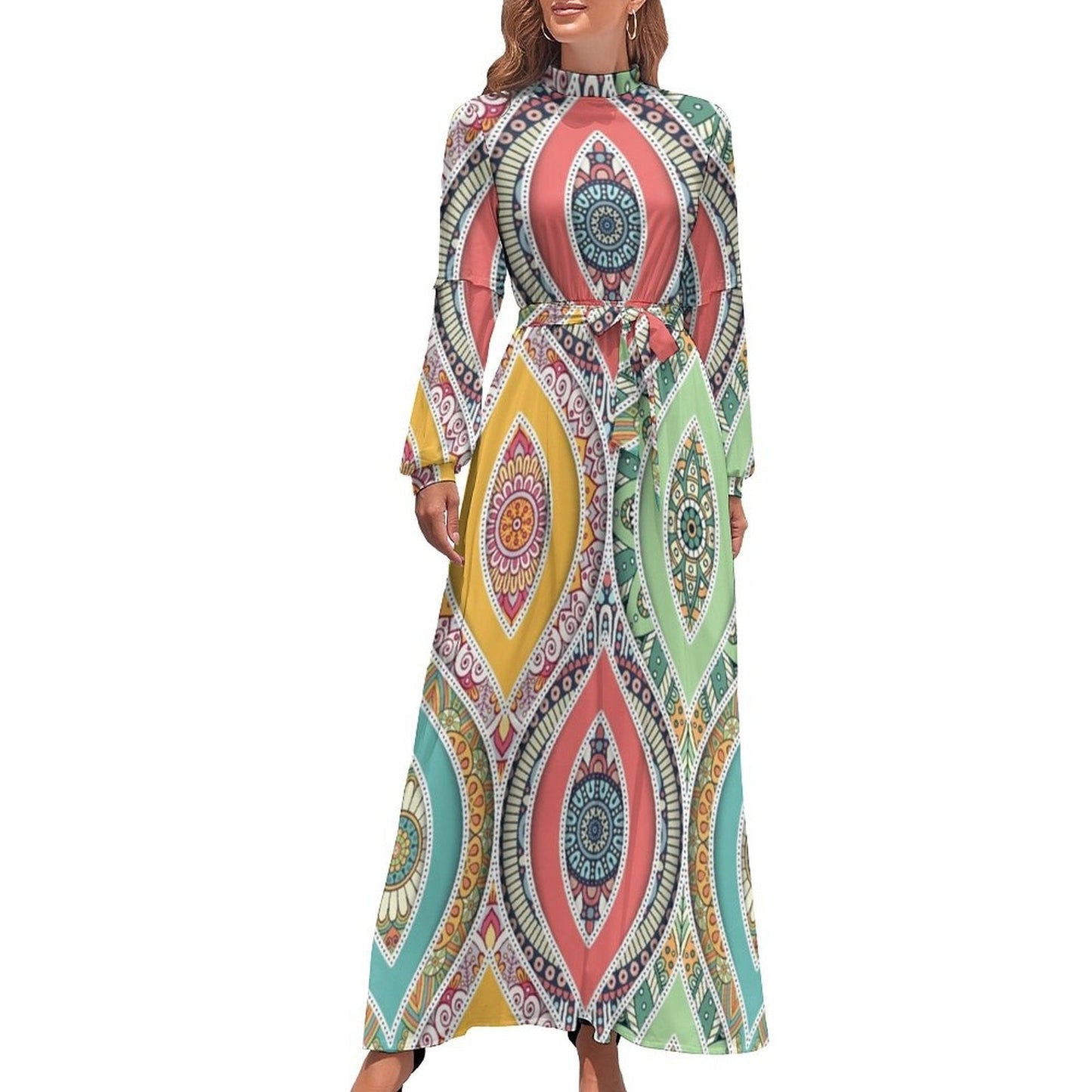 vmtvr - Ethnic Bohemia Dress Retro Floral Print Basic Beach Dresses Female Long Sleeve High Neck Elegant Long Maxi Dress