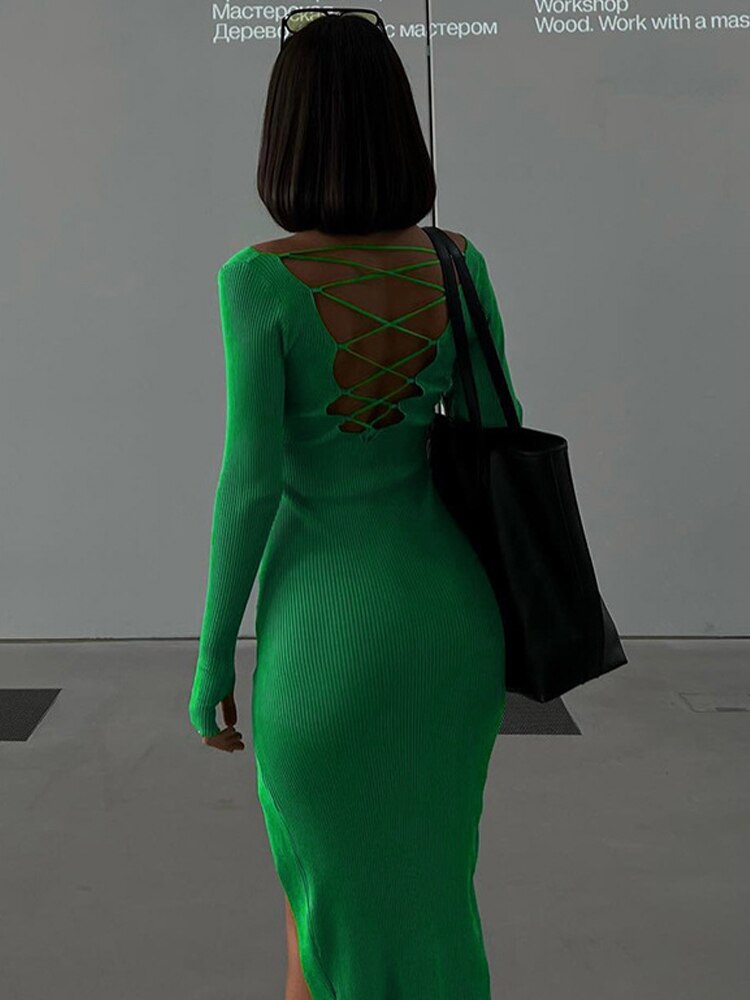 Long Sleeve Sexy Knitted Backless Bodycon Midi Dress Women Autumn Elegant Party Casual Streetwear Clothes Slit Long Dresses